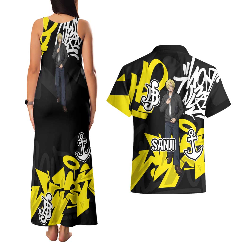 Vinsmoke Sanji One Piece Couples Matching Tank Maxi Dress and Hawaiian Shirt Graffiti Street Art Anime Collage