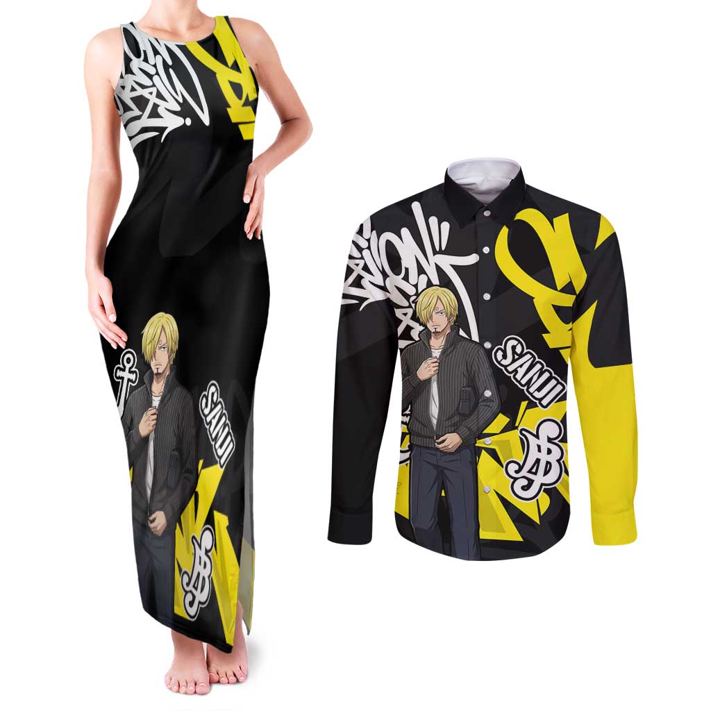 Vinsmoke Sanji One Piece Couples Matching Tank Maxi Dress and Long Sleeve Button Shirt Graffiti Street Art Anime Collage