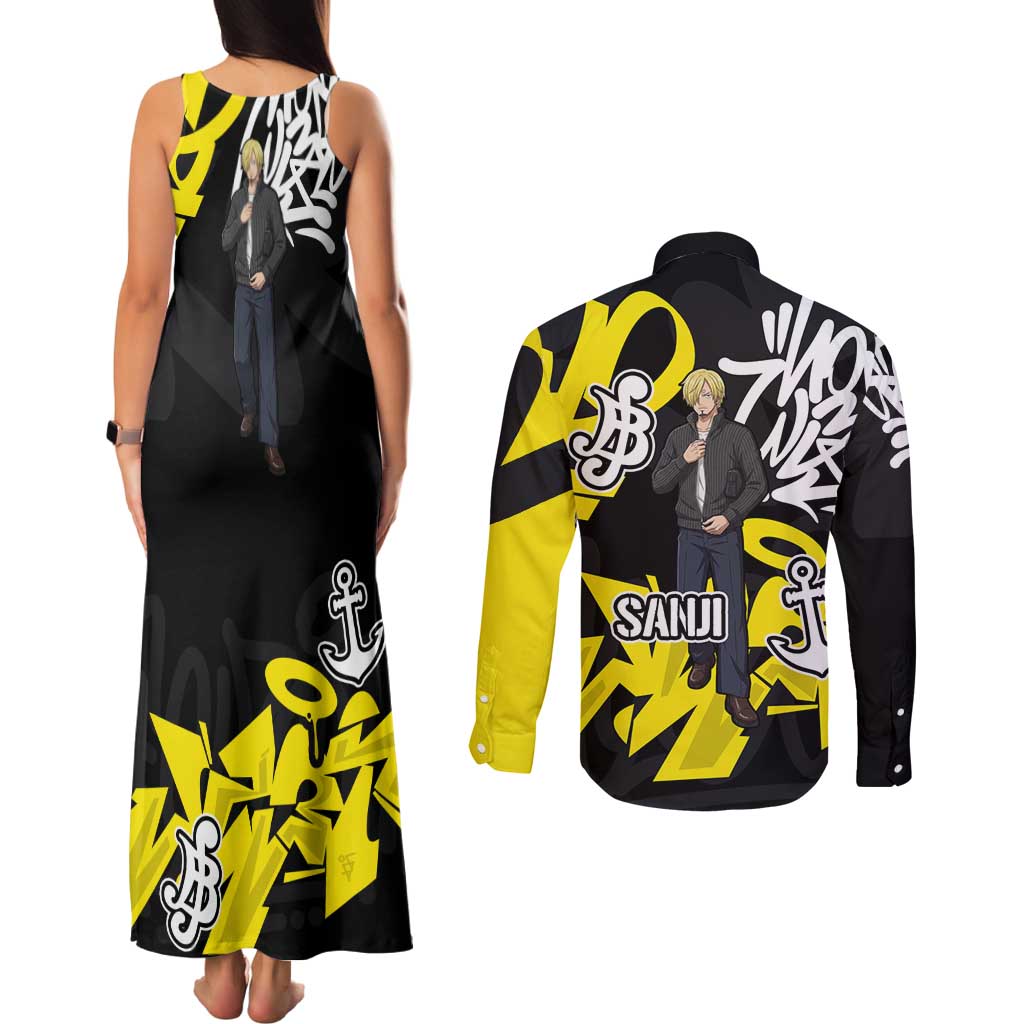 Vinsmoke Sanji One Piece Couples Matching Tank Maxi Dress and Long Sleeve Button Shirt Graffiti Street Art Anime Collage
