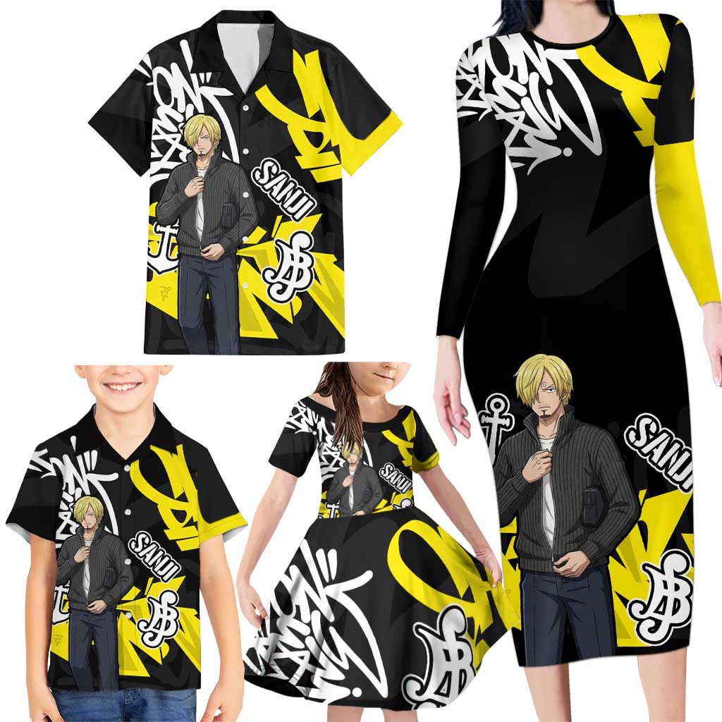 Vinsmoke Sanji One Piece Family Matching Long Sleeve Bodycon Dress and Hawaiian Shirt Graffiti Street Art Anime Collage