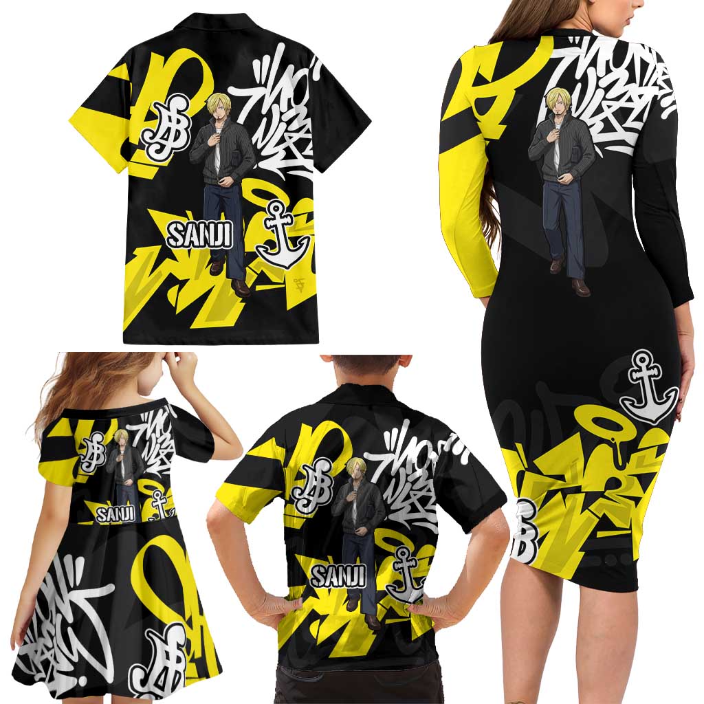 Vinsmoke Sanji One Piece Family Matching Long Sleeve Bodycon Dress and Hawaiian Shirt Graffiti Street Art Anime Collage