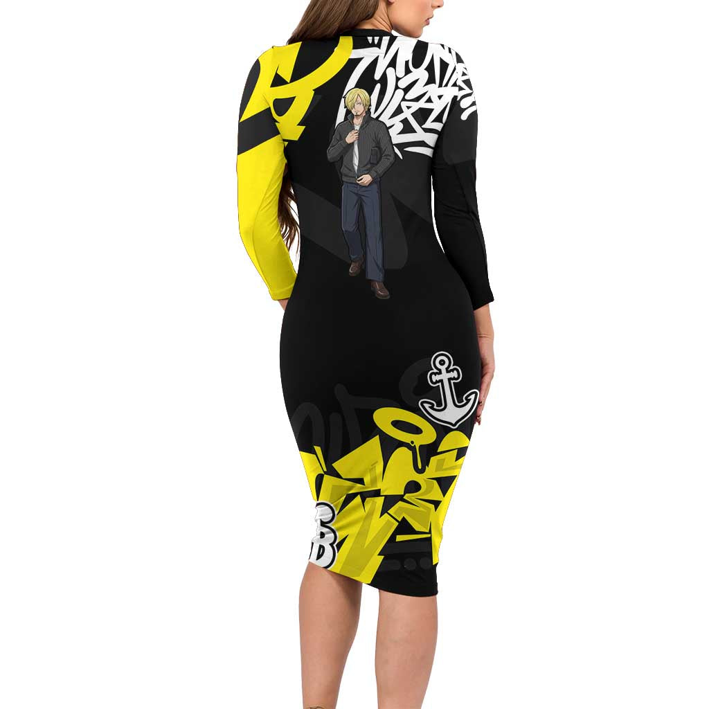 Vinsmoke Sanji One Piece Family Matching Long Sleeve Bodycon Dress and Hawaiian Shirt Graffiti Street Art Anime Collage