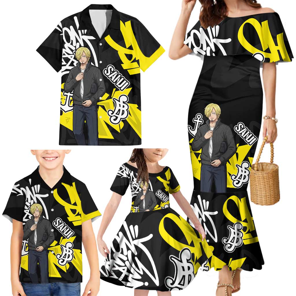 Vinsmoke Sanji One Piece Family Matching Mermaid Dress and Hawaiian Shirt Graffiti Street Art Anime Collage