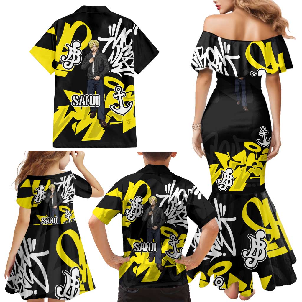 Vinsmoke Sanji One Piece Family Matching Mermaid Dress and Hawaiian Shirt Graffiti Street Art Anime Collage