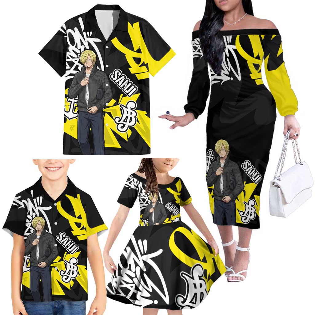 Vinsmoke Sanji One Piece Family Matching Off The Shoulder Long Sleeve Dress and Hawaiian Shirt Graffiti Street Art Anime Collage