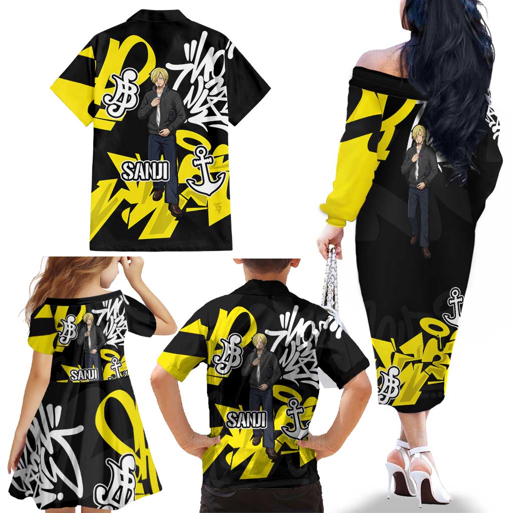 Vinsmoke Sanji One Piece Family Matching Off The Shoulder Long Sleeve Dress and Hawaiian Shirt Graffiti Street Art Anime Collage
