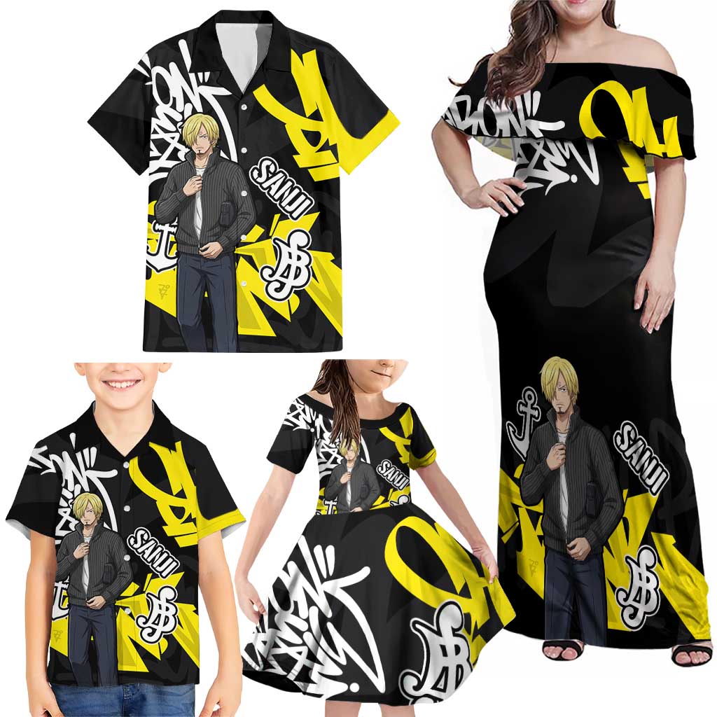 Vinsmoke Sanji One Piece Family Matching Off Shoulder Maxi Dress and Hawaiian Shirt Graffiti Street Art Anime Collage