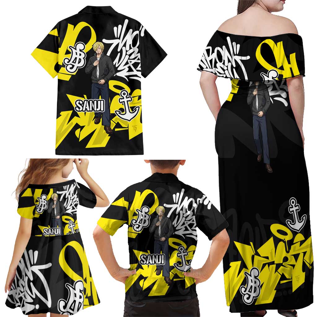 Vinsmoke Sanji One Piece Family Matching Off Shoulder Maxi Dress and Hawaiian Shirt Graffiti Street Art Anime Collage