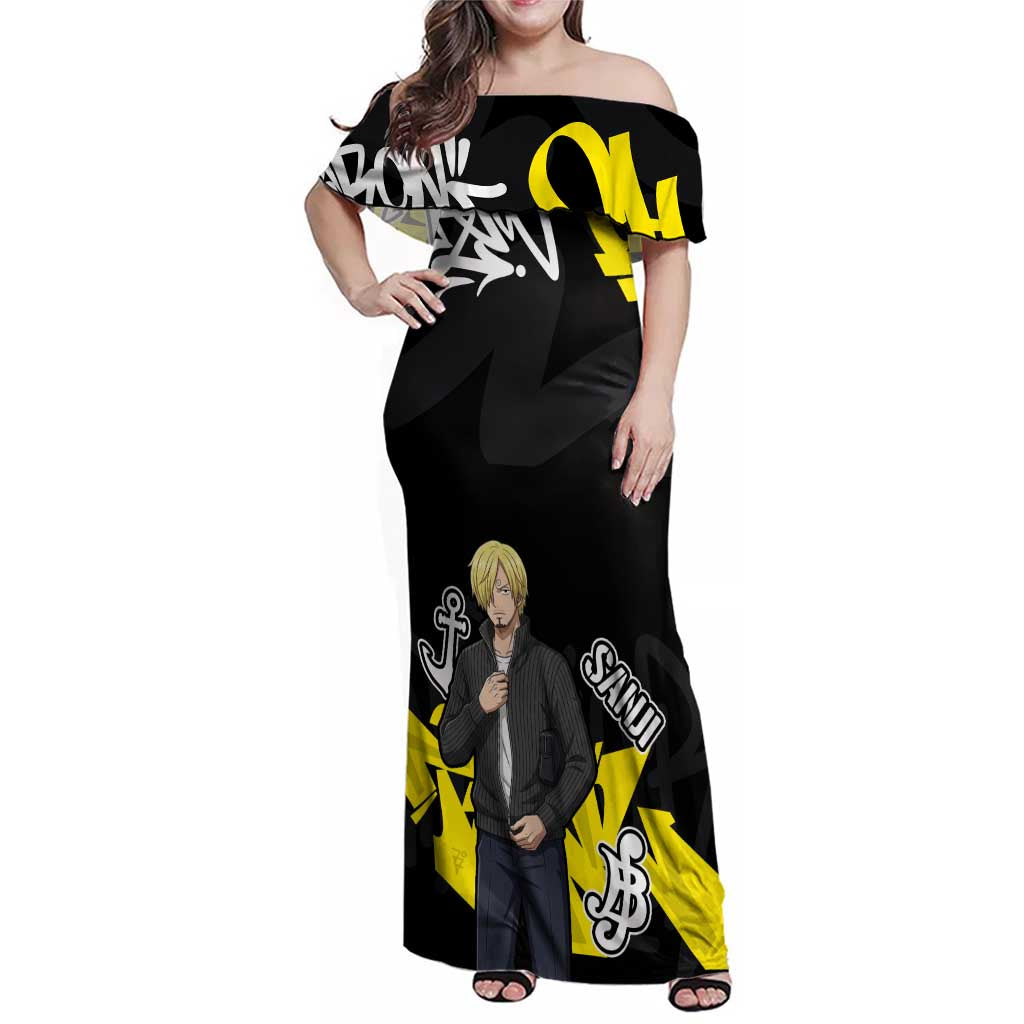 Vinsmoke Sanji One Piece Family Matching Off Shoulder Maxi Dress and Hawaiian Shirt Graffiti Street Art Anime Collage