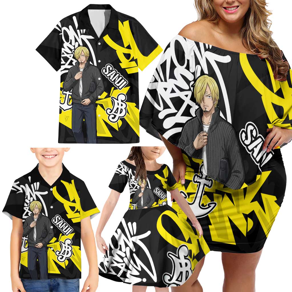 Vinsmoke Sanji One Piece Family Matching Off Shoulder Short Dress and Hawaiian Shirt Graffiti Street Art Anime Collage