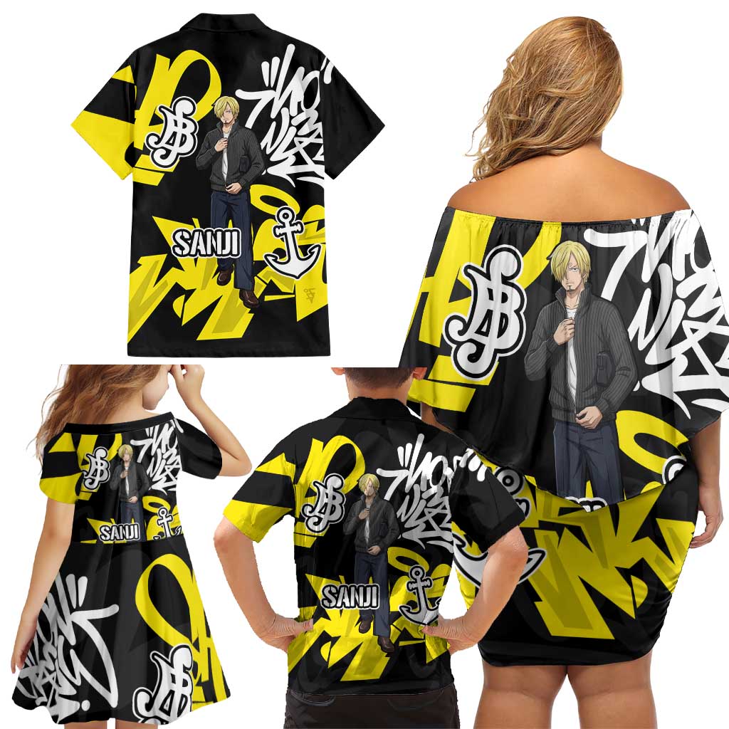 Vinsmoke Sanji One Piece Family Matching Off Shoulder Short Dress and Hawaiian Shirt Graffiti Street Art Anime Collage