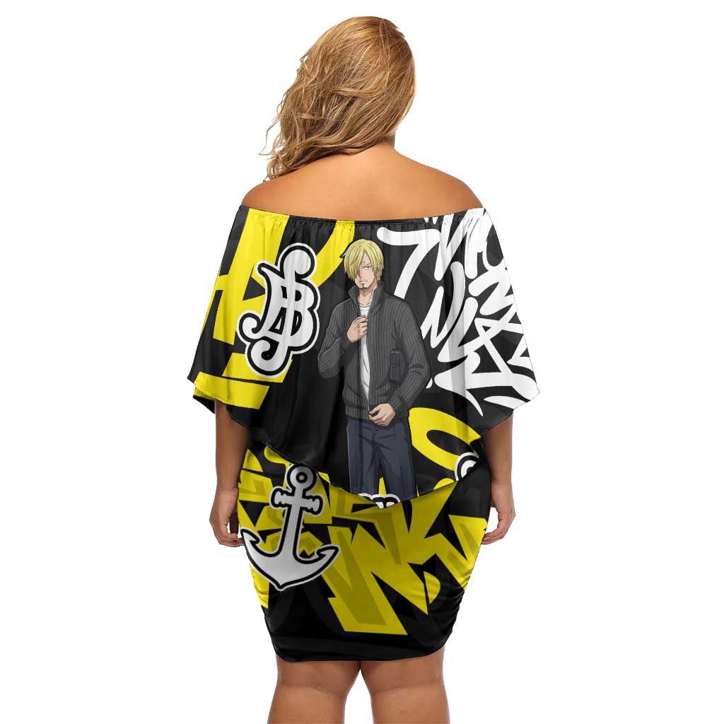 Vinsmoke Sanji One Piece Family Matching Off Shoulder Short Dress and Hawaiian Shirt Graffiti Street Art Anime Collage