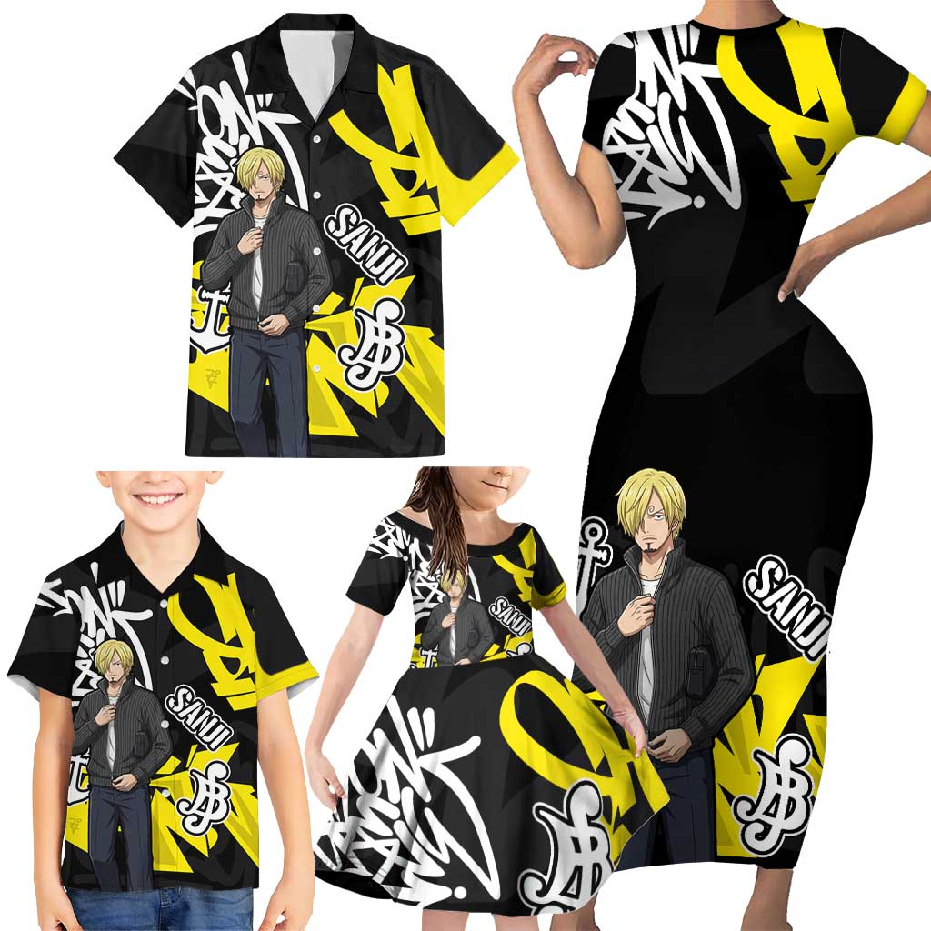 Vinsmoke Sanji One Piece Family Matching Short Sleeve Bodycon Dress and Hawaiian Shirt Graffiti Street Art Anime Collage