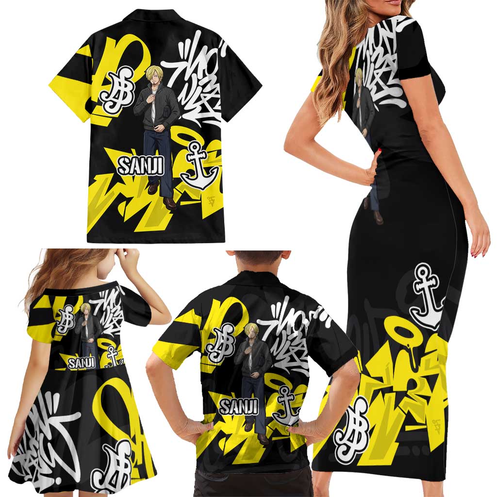 Vinsmoke Sanji One Piece Family Matching Short Sleeve Bodycon Dress and Hawaiian Shirt Graffiti Street Art Anime Collage