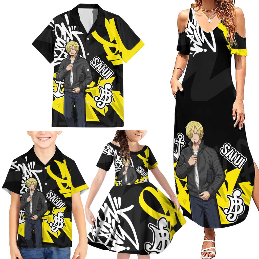 Vinsmoke Sanji One Piece Family Matching Summer Maxi Dress and Hawaiian Shirt Graffiti Street Art Anime Collage