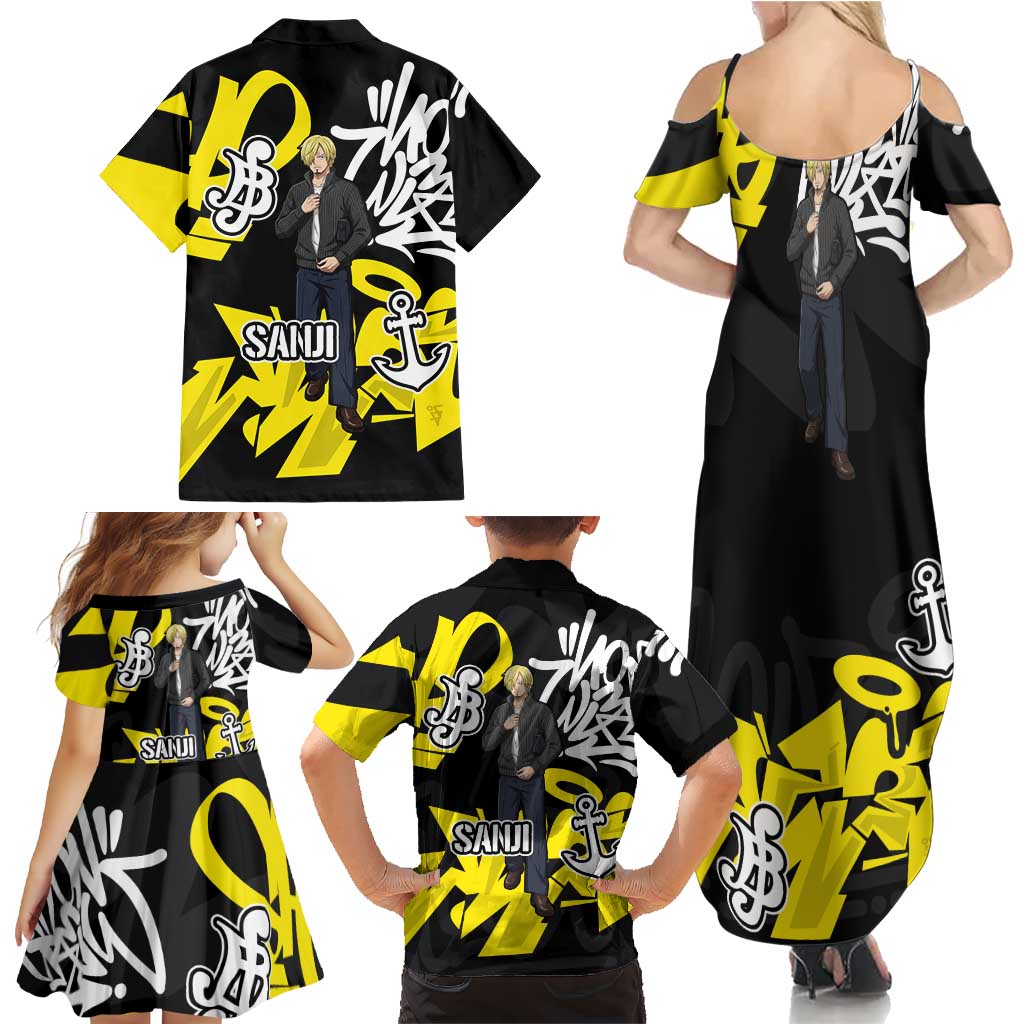 Vinsmoke Sanji One Piece Family Matching Summer Maxi Dress and Hawaiian Shirt Graffiti Street Art Anime Collage