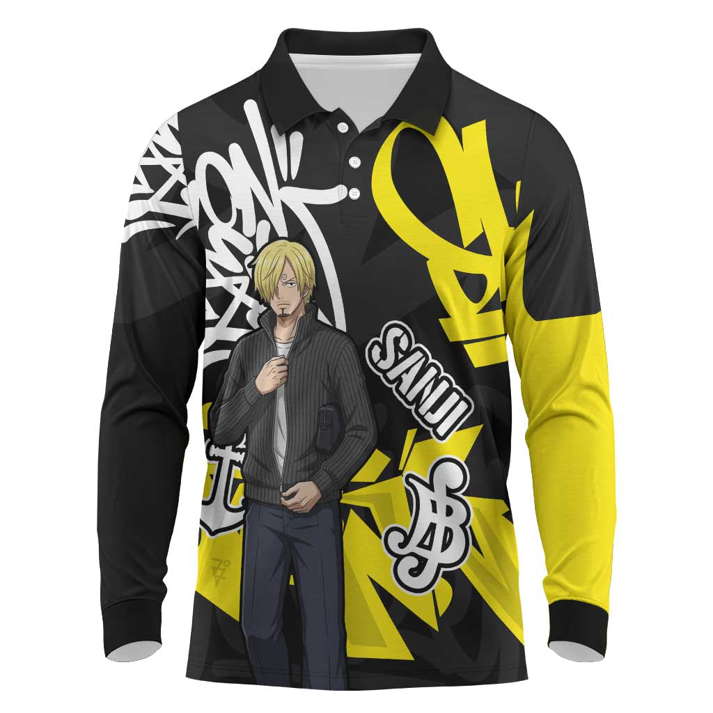 Vinsmoke Sanji One Piece Long Sleeve Polo Shirt Graffiti Street Art Anime Collage