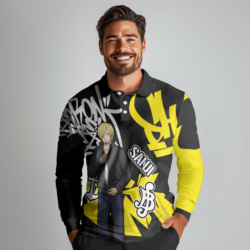 Vinsmoke Sanji One Piece Long Sleeve Polo Shirt Graffiti Street Art Anime Collage