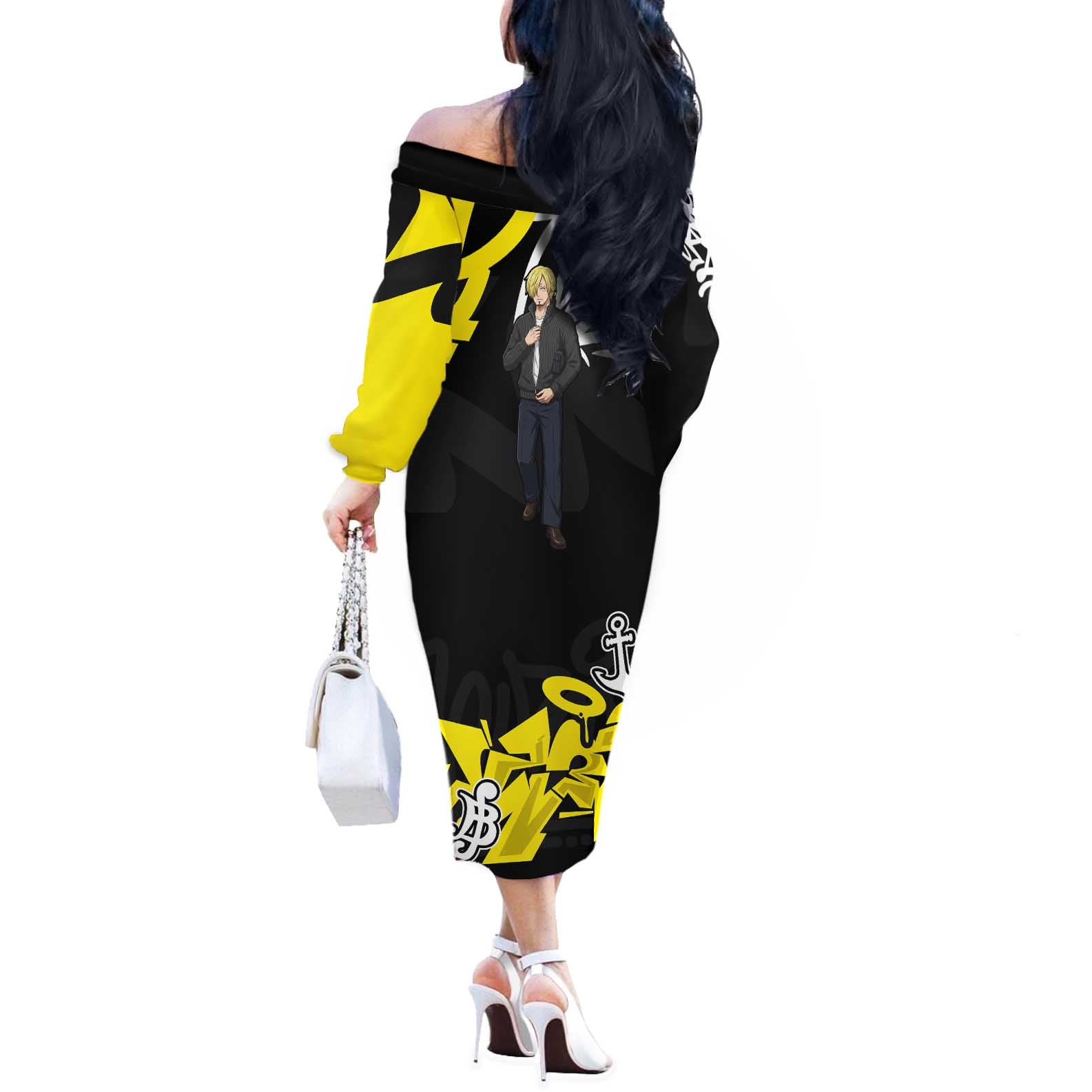 Vinsmoke Sanji One Piece Off The Shoulder Long Sleeve Dress Graffiti Street Art Anime Collage
