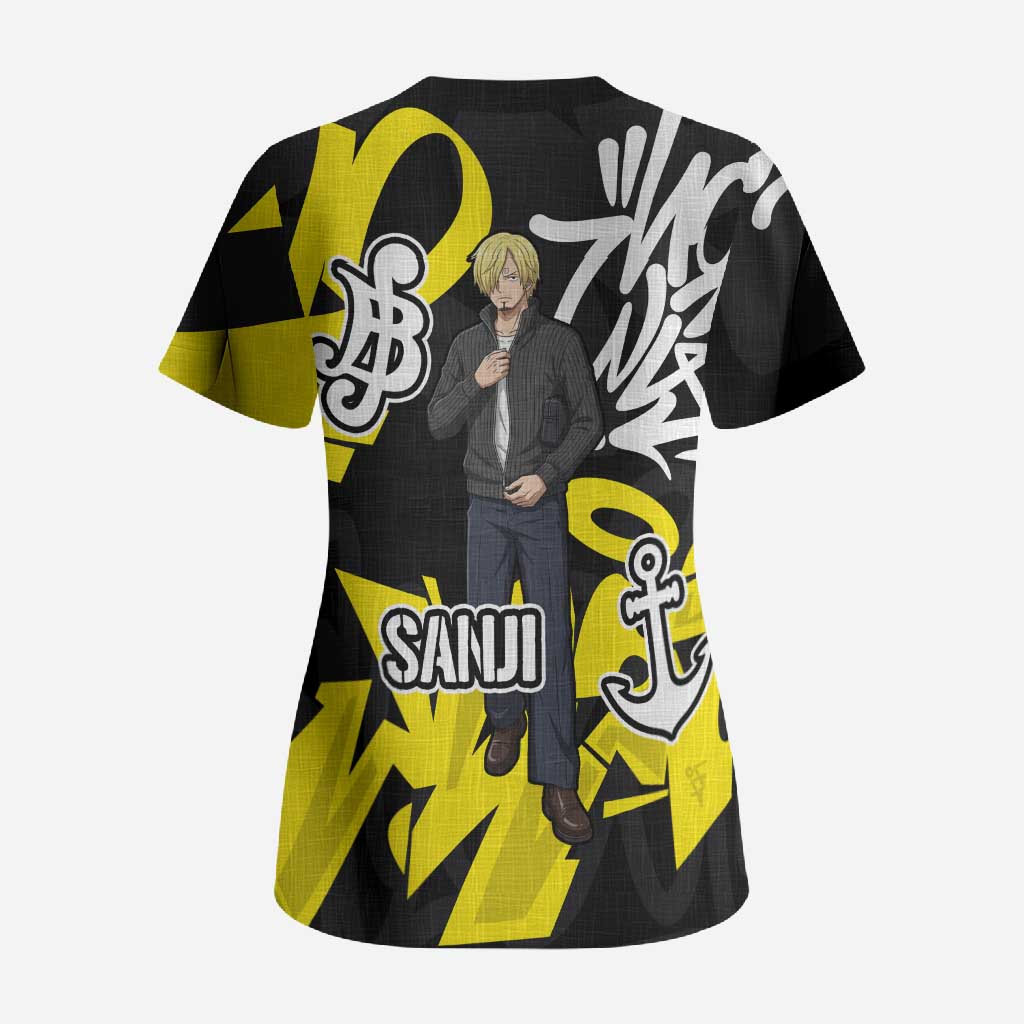 Vinsmoke Sanji One Piece Scrub Top Graffiti Street Art Anime Collage