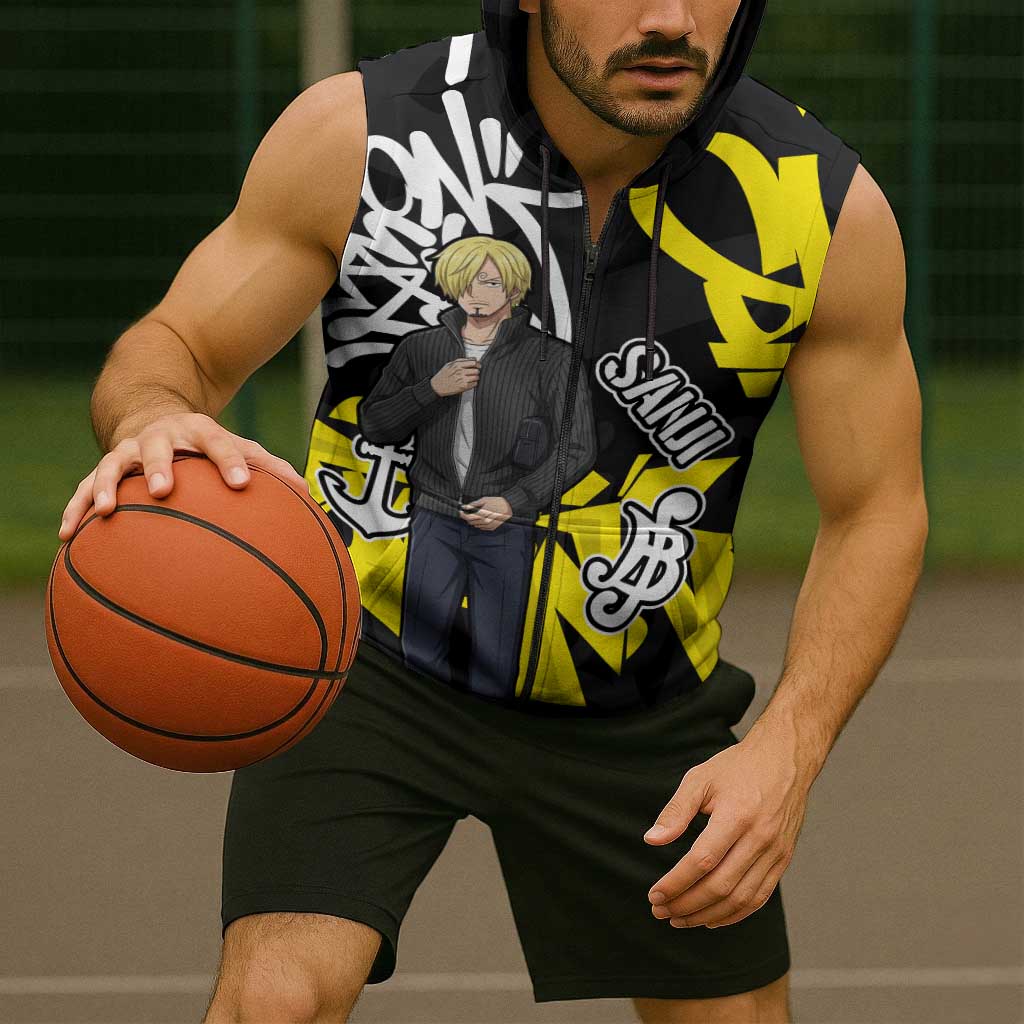 Vinsmoke Sanji One Piece Sleeveless Zip Hoodie Graffiti Street Art Anime Collage