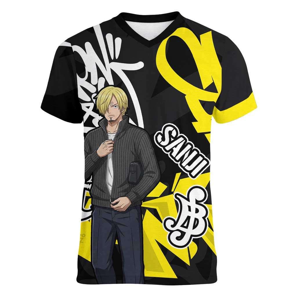 Vinsmoke Sanji One Piece Women V-Neck T-Shirt Graffiti Street Art Anime Collage