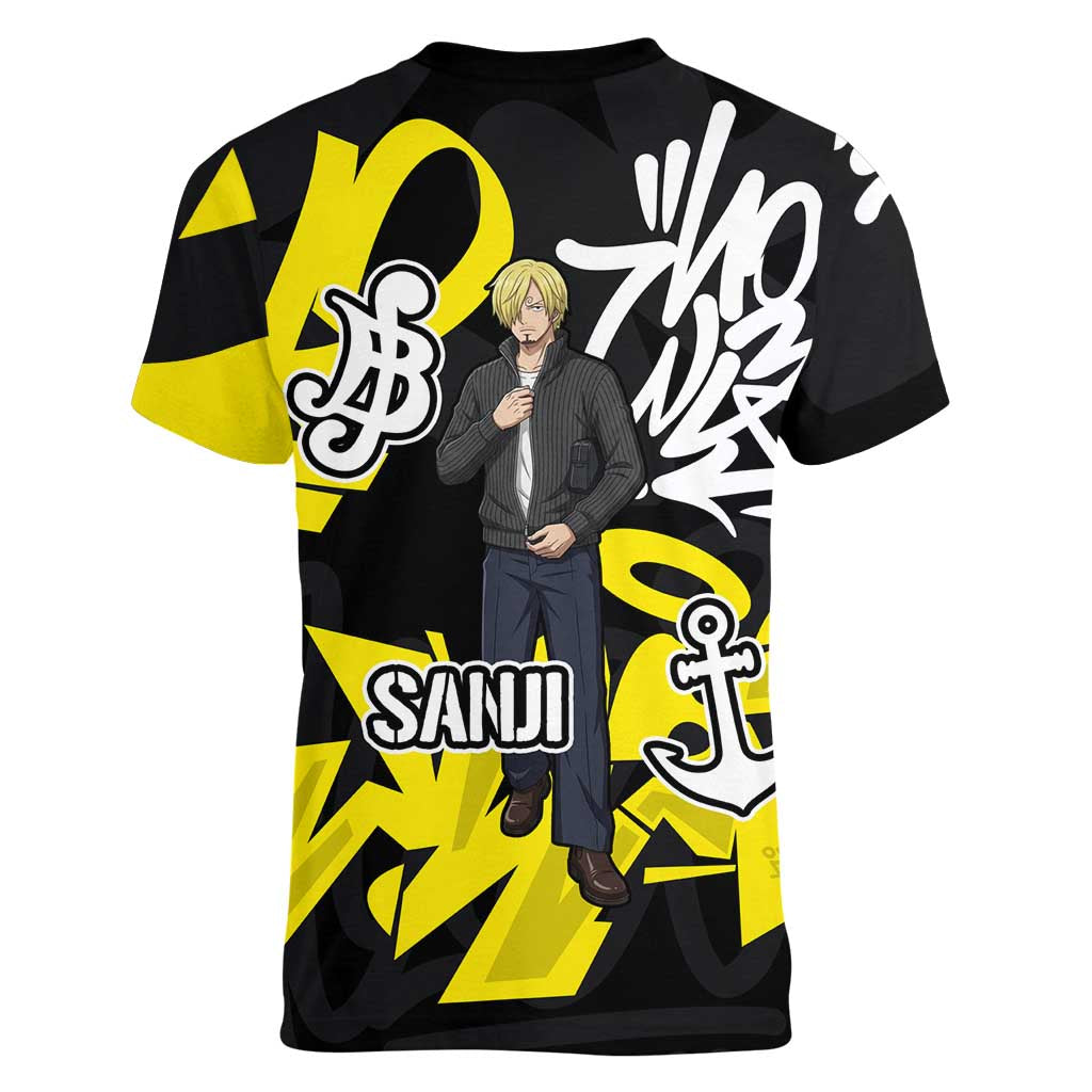 Vinsmoke Sanji One Piece Women V-Neck T-Shirt Graffiti Street Art Anime Collage