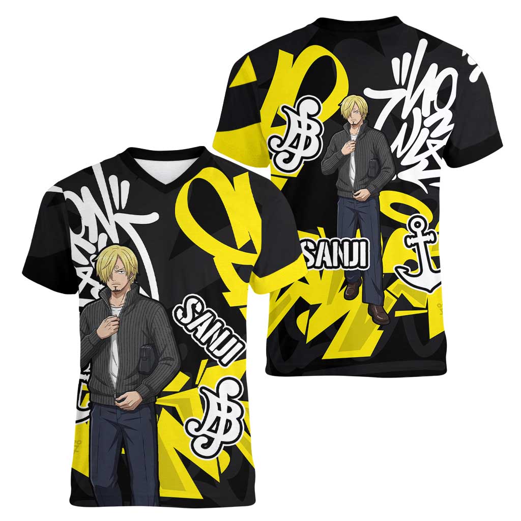 Vinsmoke Sanji One Piece Women V-Neck T-Shirt Graffiti Street Art Anime Collage