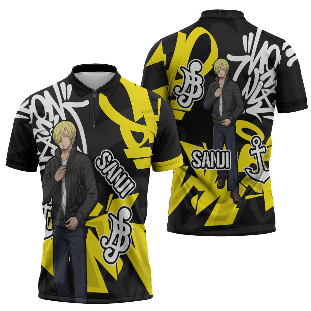 Vinsmoke Sanji One Piece Zipper Polo Shirt Graffiti Street Art Anime Collage