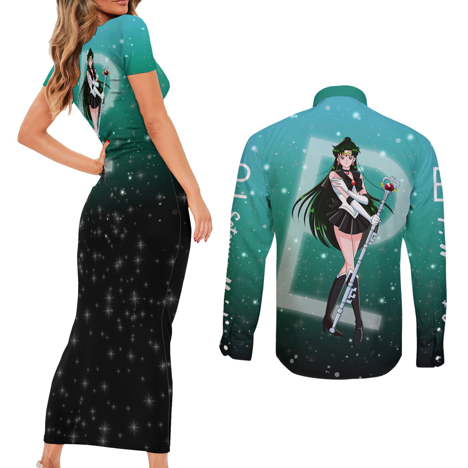 Sailor Pluto Setsuna Meioh Couples Matching Short Sleeve Bodycon Dress and Long Sleeve Button Shirt Sailor Moon