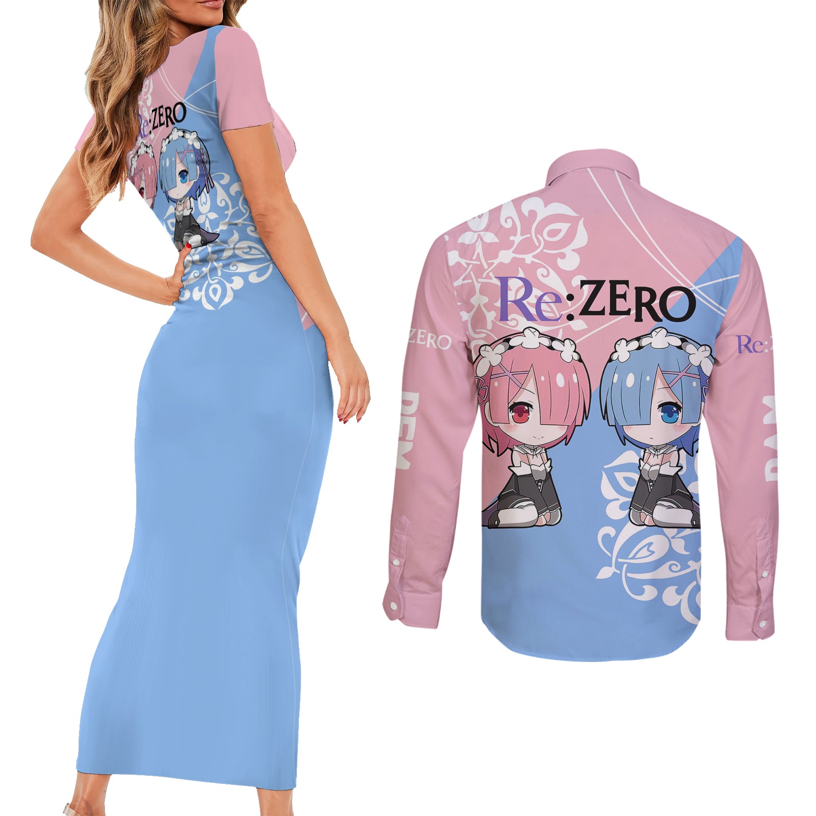 Rem & Ram Couples Matching Short Sleeve Bodycon Dress and Long Sleeve Button Shirt Re Zero