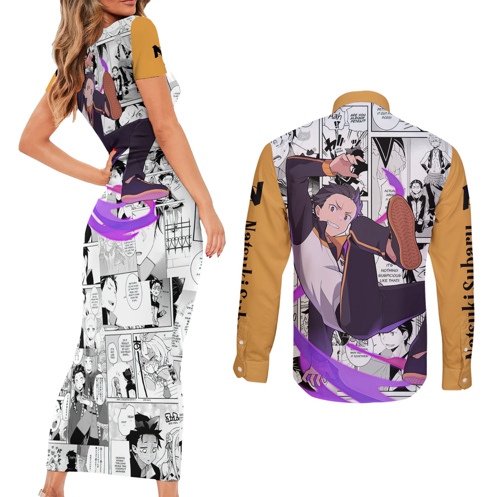 Natsuki Subaru Couples Matching Short Sleeve Bodycon Dress and Long Sleeve Button Shirt Hajimeru Isekai Seikatsu