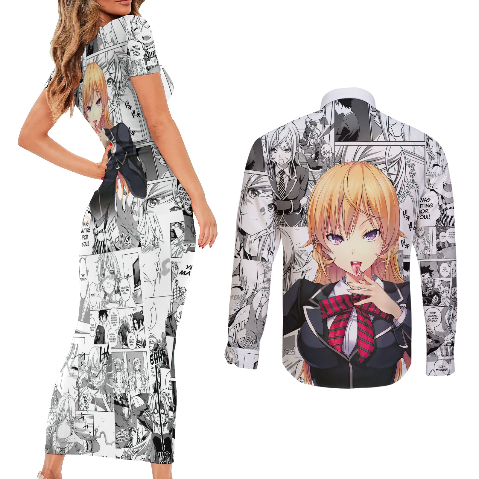 Nakiri Erina Couples Matching Short Sleeve Bodycon Dress and Long Sleeve Button Shirt Shokugeki no Soma