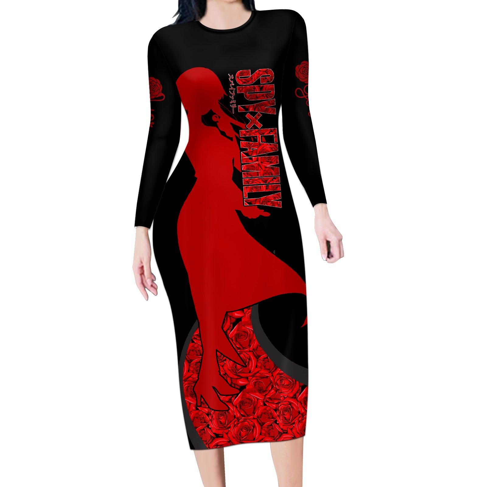Yor Foger SpyxFamily Long Sleeve Bodycon Dress Black And Roses Anime Style