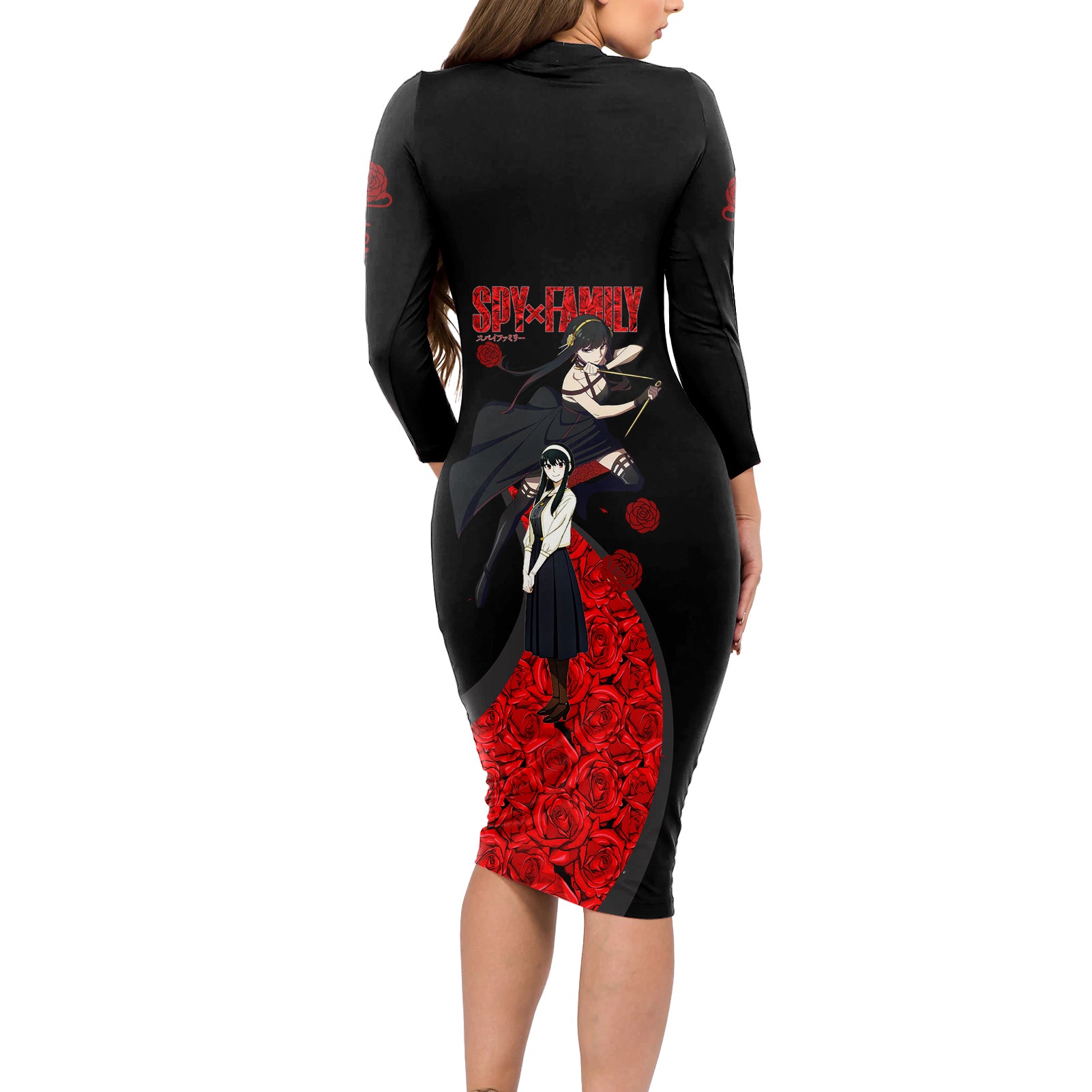 Yor Foger SpyxFamily Long Sleeve Bodycon Dress Black And Roses Anime Style