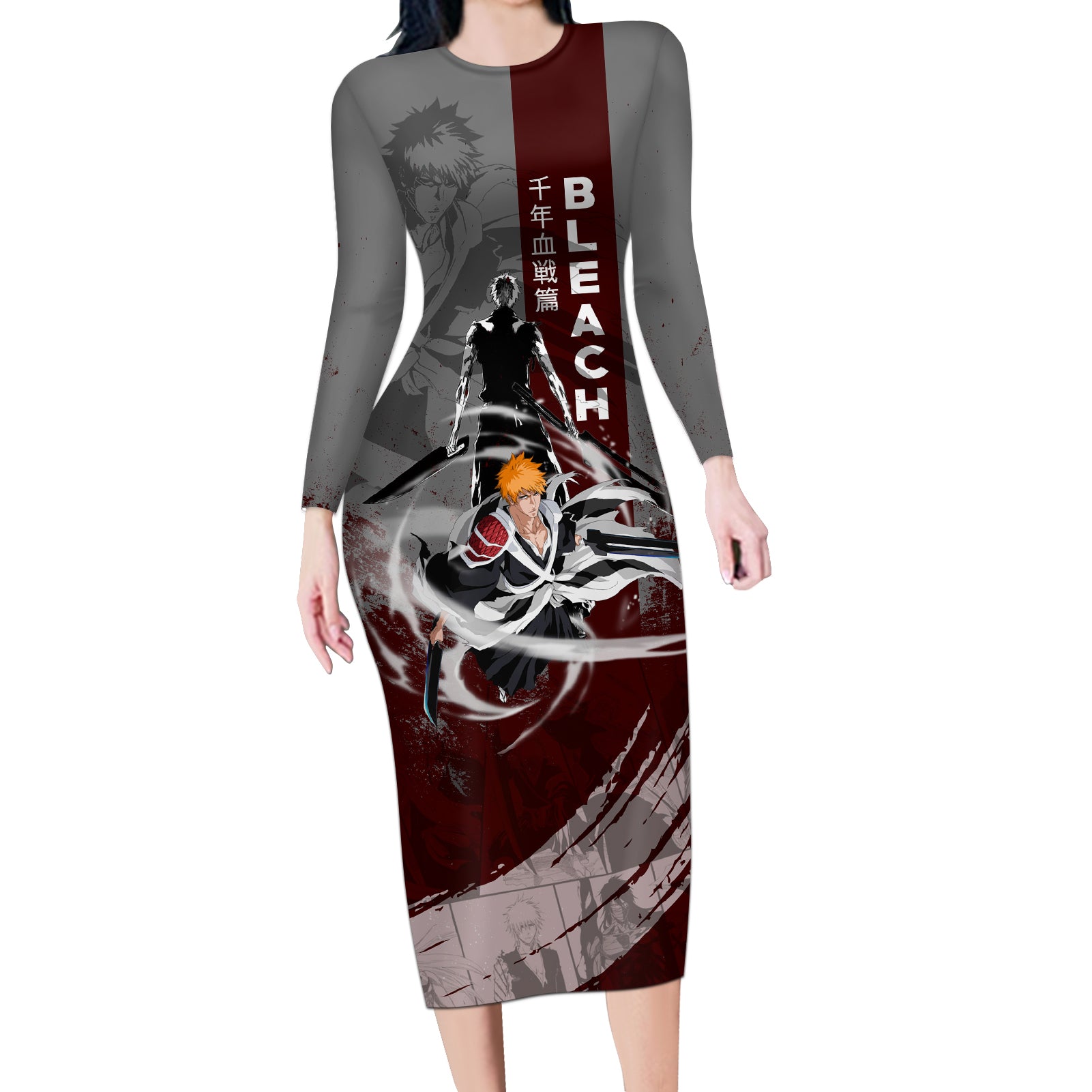 Ichigo Kurosaki - Bleach Long Sleeve Bodycon Dress Grunge Blood Style