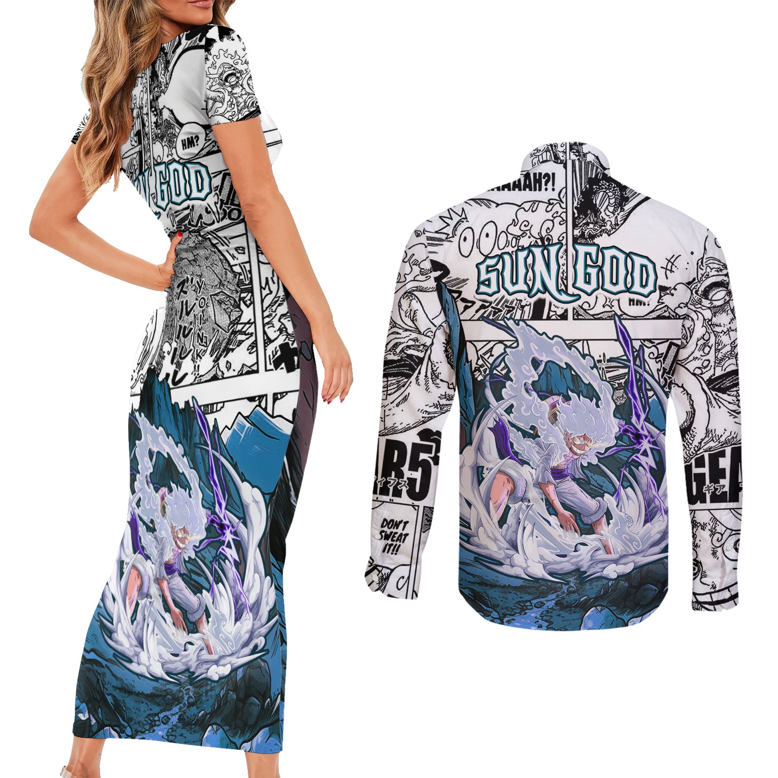 Monkey D Luffy - Nika Sun God Couples Matching Short Sleeve Bodycon Dress and Long Sleeve Button Shirt Anime Mix Manga Style