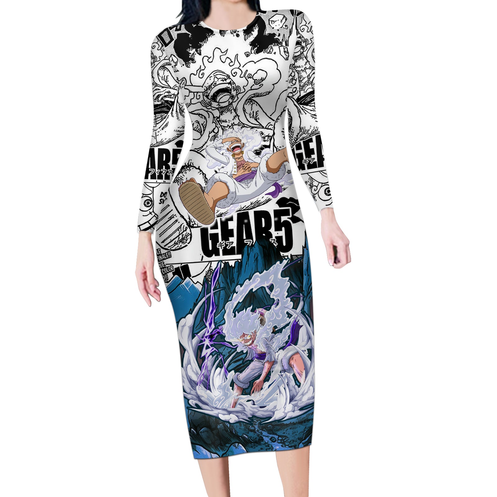 Monkey D Luffy - Nika Sun God Long Sleeve Bodycon Dress Anime Mix Manga Style
