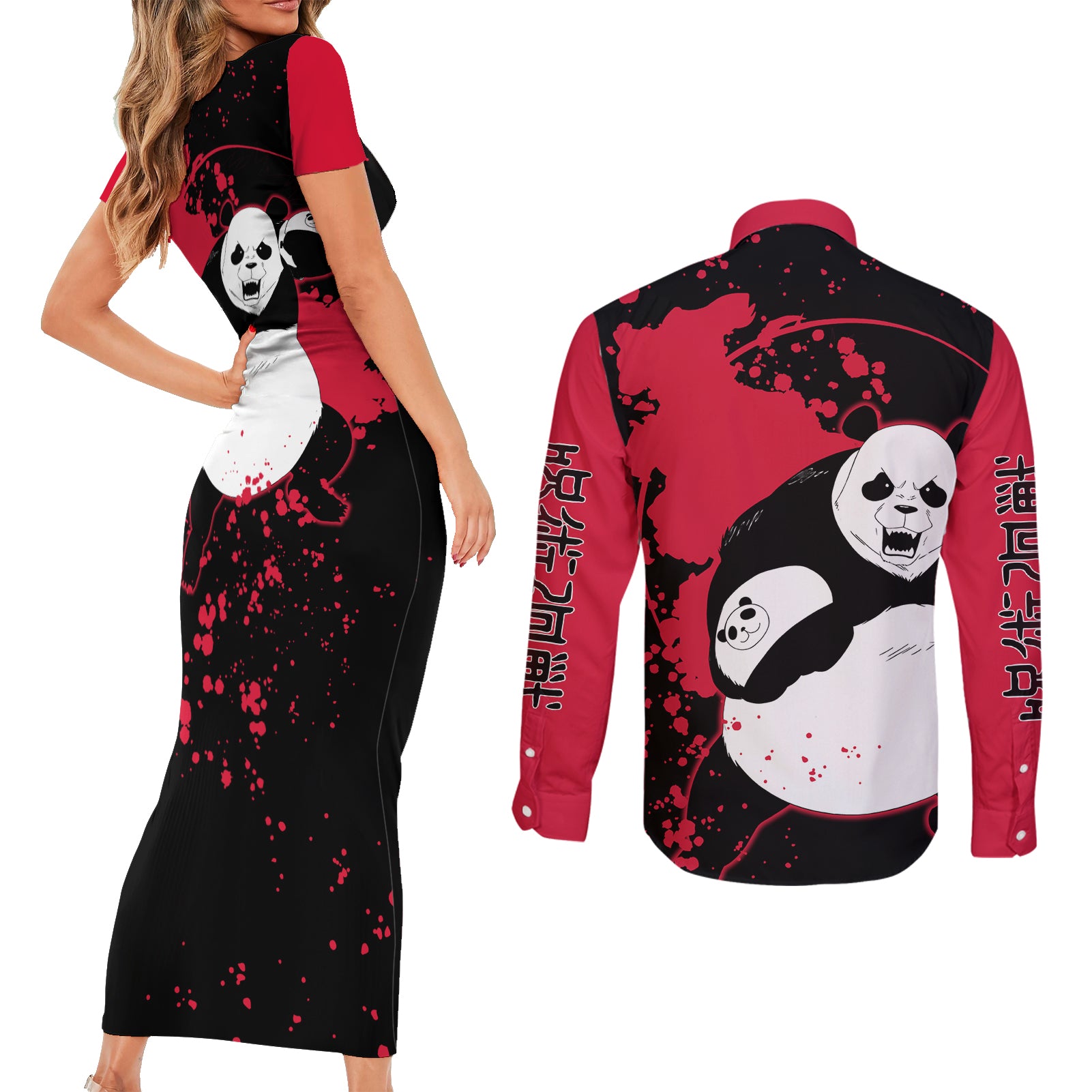 Panda Jujutsu Kaisen Couples Matching Short Sleeve Bodycon Dress and Long Sleeve Button Shirt Manga Style Art