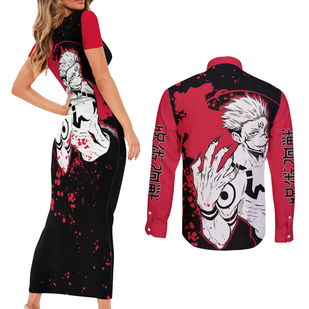 Ryomen Sukuna Jujutsu Kaisen Couples Matching Short Sleeve Bodycon Dress and Long Sleeve Button Shirt Manga Style Art