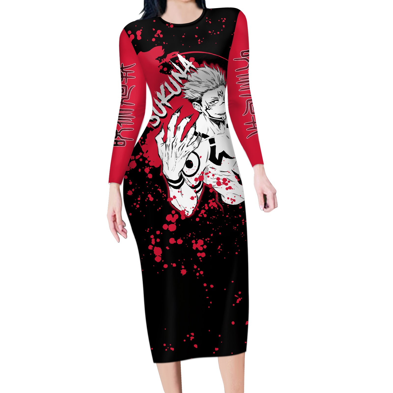 Ryomen Sukuna Jujutsu Kaisen Long Sleeve Bodycon Dress Manga Style Art