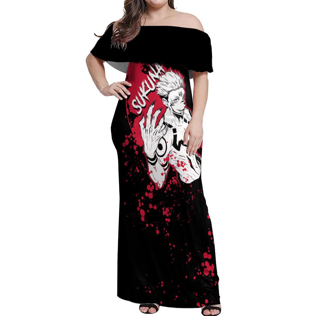 Ryomen Sukuna Jujutsu Kaisen Off Shoulder Maxi Dress Manga Style Art
