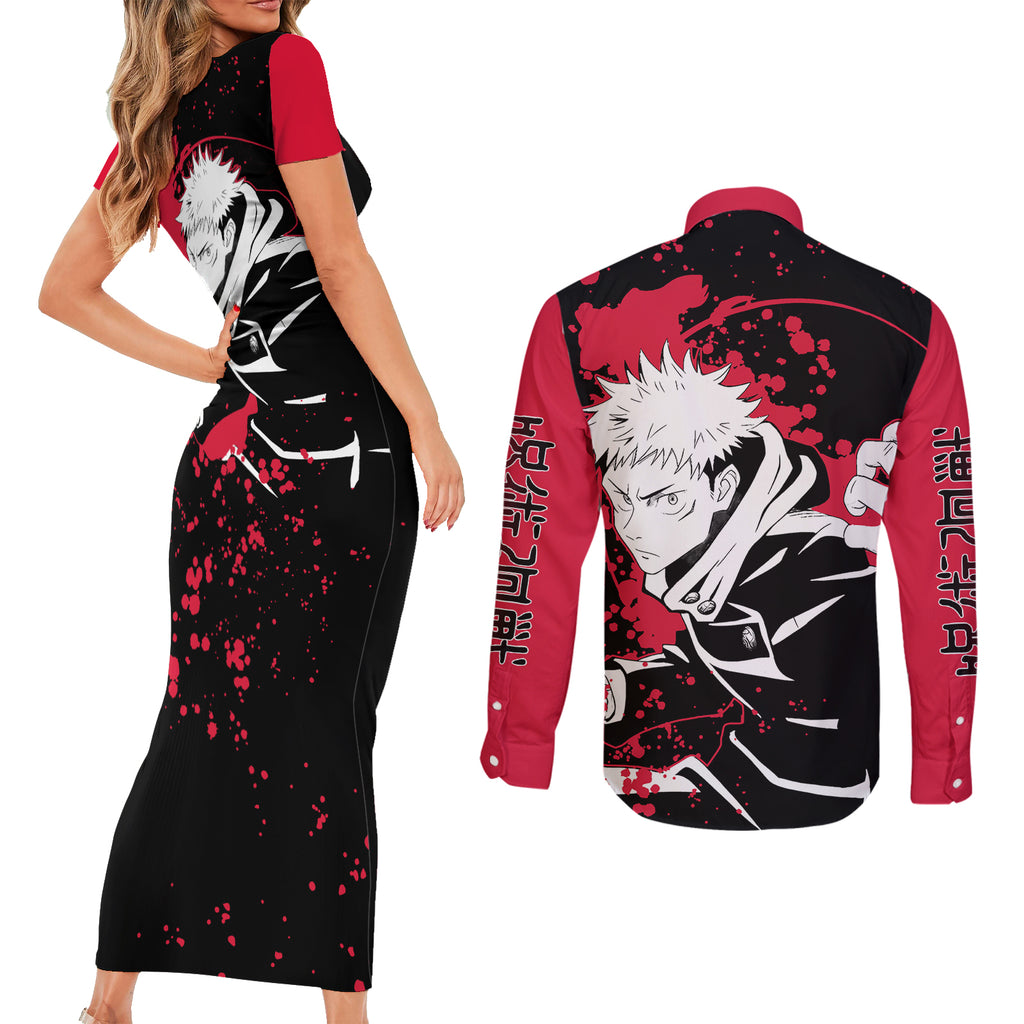 Yuji Itadori Jujutsu Kaisen Couples Matching Short Sleeve Bodycon Dress and Long Sleeve Button Shirt Manga Style Art