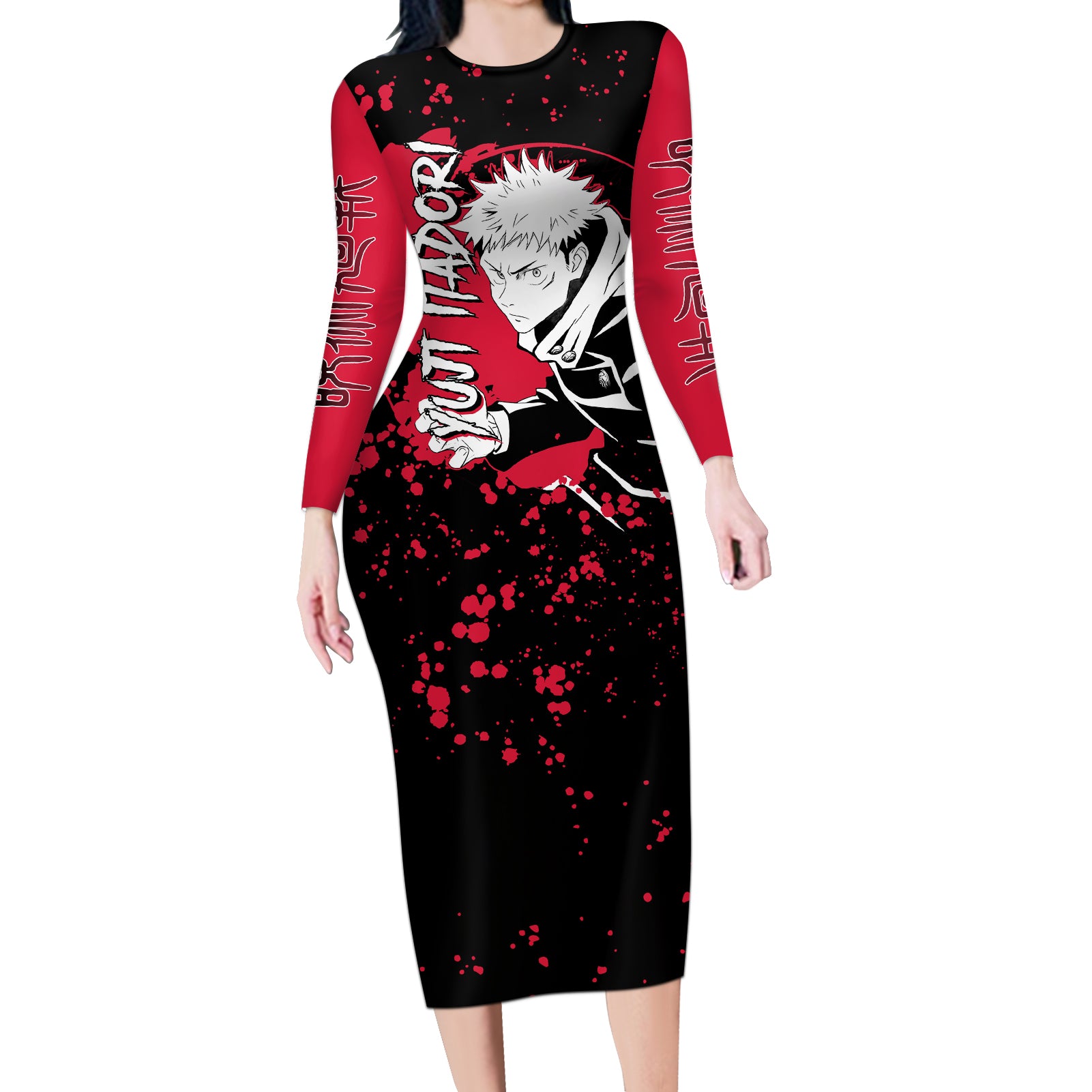 Yuji Itadori Jujutsu Kaisen Long Sleeve Bodycon Dress Manga Style Art