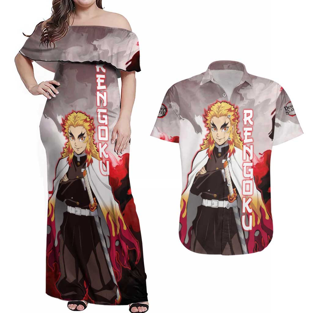 Rengoku Kyoujurou - Demon Slayer Couples Matching Off Shoulder Maxi Dress and Hawaiian Shirt Anime Style