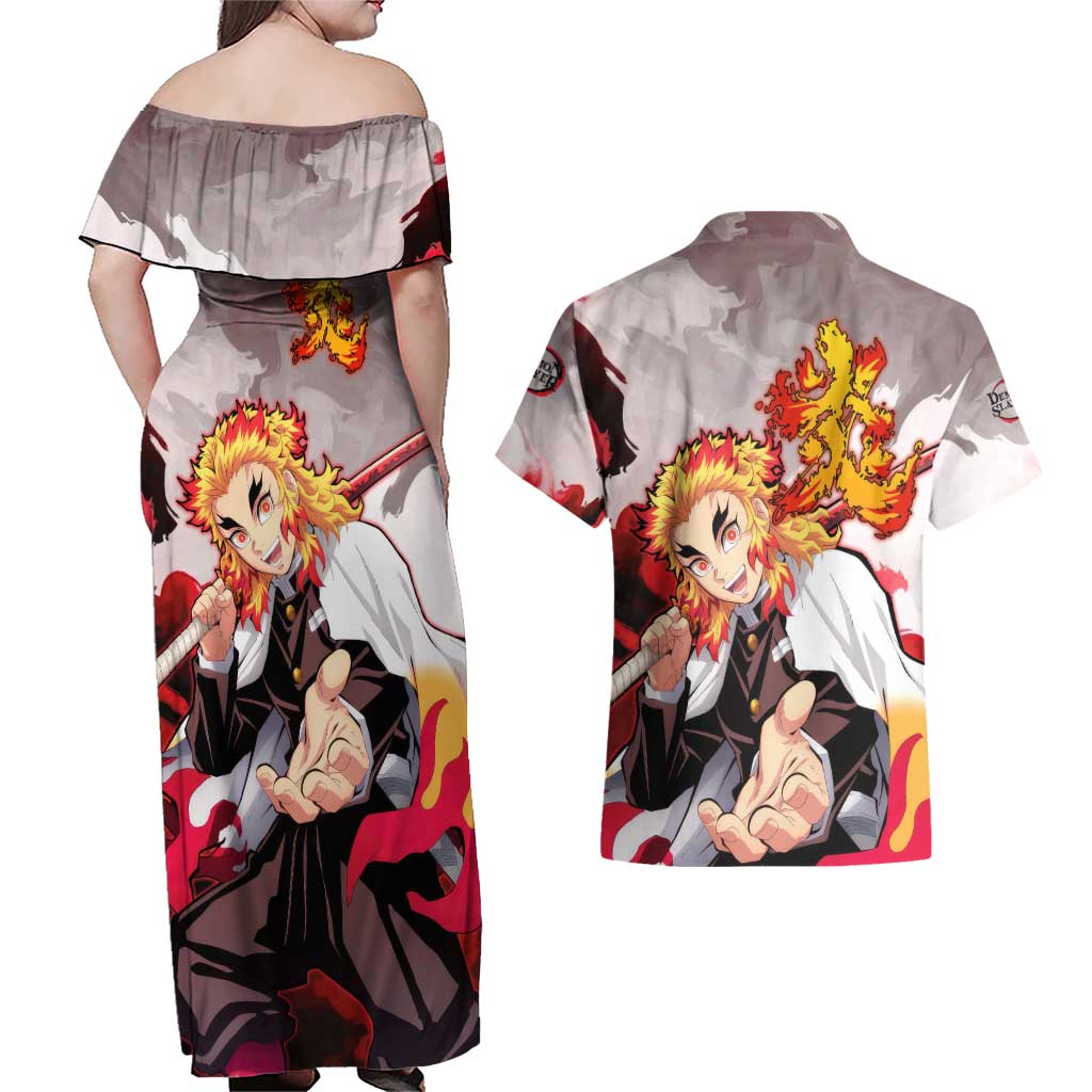 Rengoku Kyoujurou - Demon Slayer Couples Matching Off Shoulder Maxi Dress and Hawaiian Shirt Anime Style