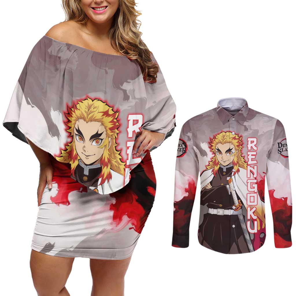 Rengoku Kyoujurou - Demon Slayer Couples Matching Off Shoulder Short Dress and Long Sleeve Button Shirt Anime Style