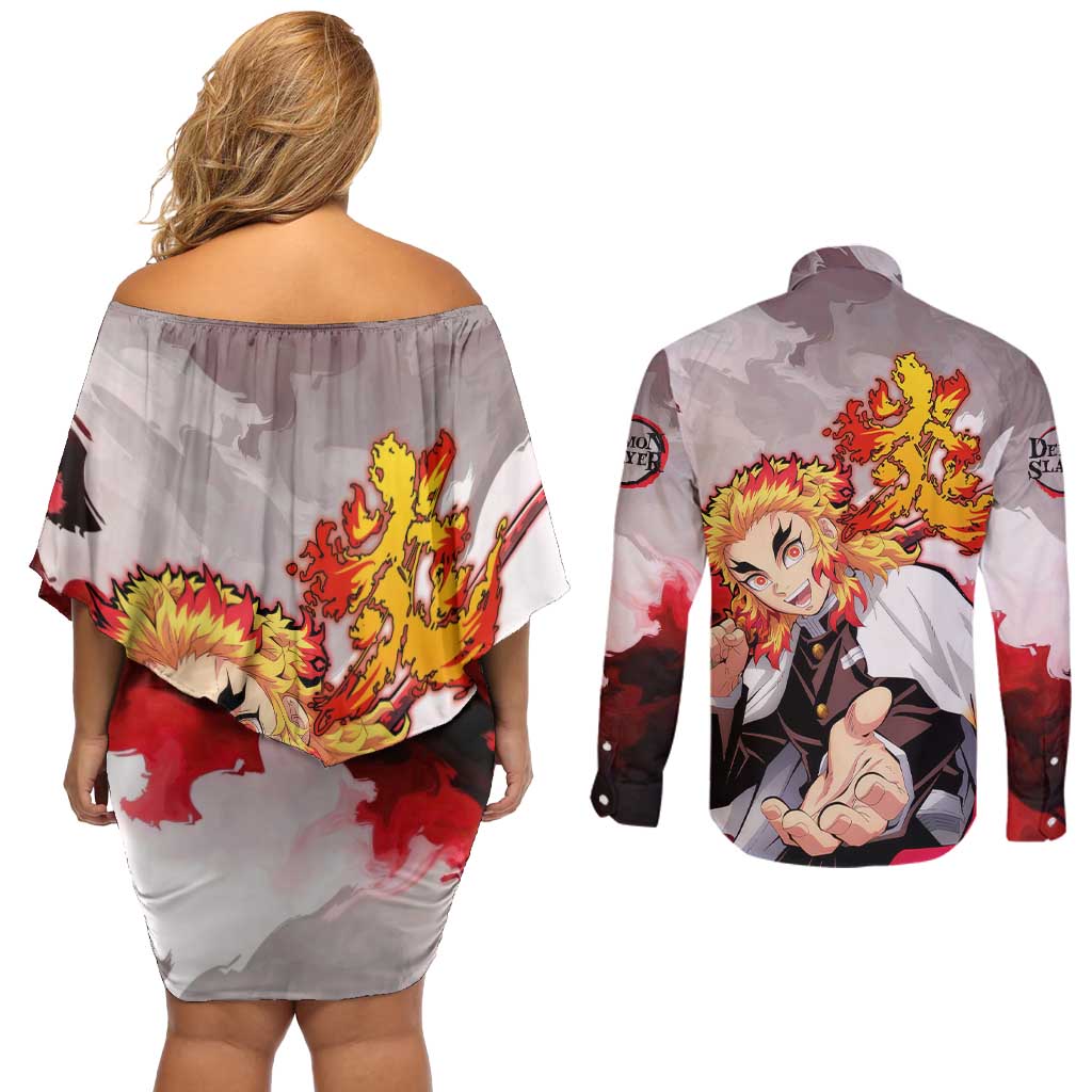 Rengoku Kyoujurou - Demon Slayer Couples Matching Off Shoulder Short Dress and Long Sleeve Button Shirt Anime Style