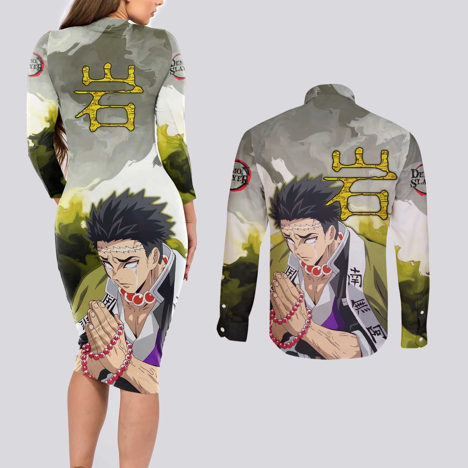 Gyomei - Demon Slayer Couples Matching Long Sleeve Bodycon Dress and Long Sleeve Button Shirt Anime Style
