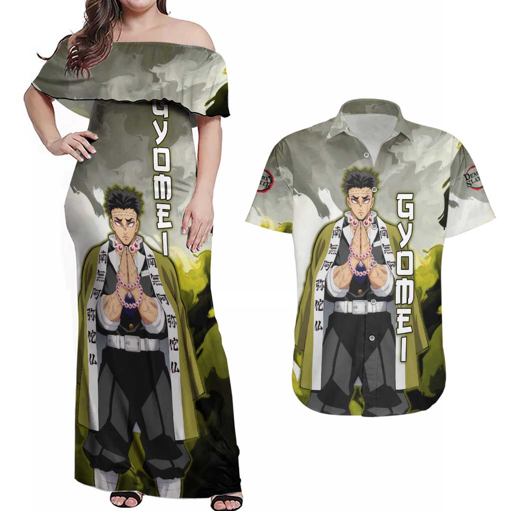 Gyomei - Demon Slayer Couples Matching Off Shoulder Maxi Dress and Hawaiian Shirt Anime Style